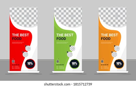 Food And Restaurant Business Vertical Roll Up Banner Set, Stand, Background, Display,flag-banner, Layout In Rectangle Vinyl With Vector Illustration Design.