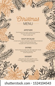 Food Restaurant Cuisine Menu Template Vector Illustration. Price Set For Christmas Dishes Appetizer, Soup, Salad, Entree, Dessert. Xmas New Year Eve Theme And Happy Winter Holidays Flat Style Concept