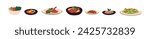 Food, restaurant dishes set. Meat steaks, vegetable salads and dessert meals served on plates. Abstract delicacies, cooked eating, dinner. Flat vector illustrations isolated on white background