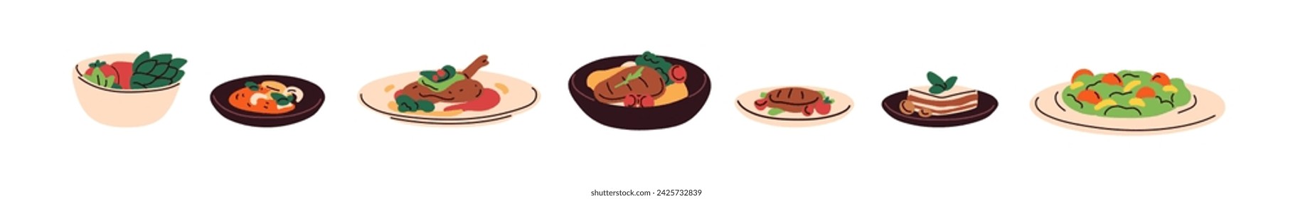 Comida, restaurante y platos preparados. Filetes de carne, ensaladas de verduras y postres servidos en platos. Manjares abstractos, comida cocinada, cena. Ilustraciones vectoriales planas aisladas sobre fondo blanco