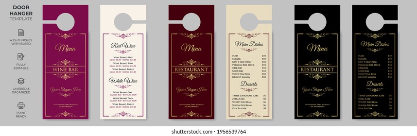 Food Restaurant Door Hanger, Vector illustration, modern Door hanger, do not disturb and make up room sign Premium Vector, Door hanger design template, luxury, wine