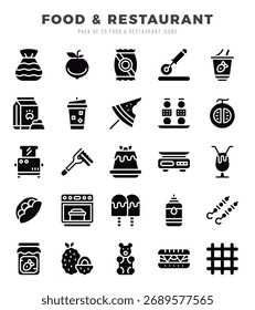 Comida e elementos de restaurante. Conjunto de ícones da Web de glifo. Ilustração de vetor simples.