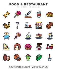 Comida e elementos de restaurante. Conjunto de ícones da Web de Cor Linear. Ilustração de vetor simples.