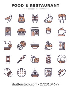 Comida e elementos de restaurante. Conjunto de ícones da Web Duas cores. Ilustração de vetor simples.
