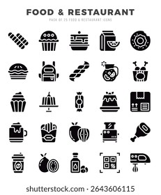 Comida e Restaurante Glyph ícones coleção. 25 ícone definido em um design de Glifo.
