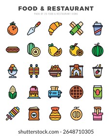 Comida e restaurante Icons pacote. Ícones de estilo de Cor Linear. Ilustração vetorial.