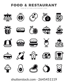 Comida e Restaurante Icons Pack. Conjunto de ícones preenchidos linear. Conjunto de coleta de ícones Preenchido Linear.