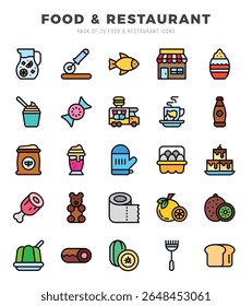 Comida e Restaurante Icons Pack. Conjunto de ícones de Cor Linear. Conjunto de coleta de ícones de Cor Linear.