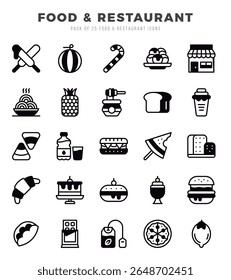 Comida e Restaurante Ícones Pacote Lineal Preenchido Estilo. Ilustração vetorial.
