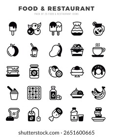 Comida e Restaurante Ícones Pacote Lineal Preenchido Estilo. Ilustração vetorial.