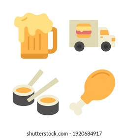 food restaurant icons set = beer, truck delivery, sushi roll, chicken leg. Perfect for website mobile app, app icons, presentation, illustration and any other projects.