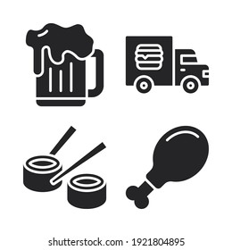 food restaurant icons set = beer, truck delivery, sushi roll, chicken leg. Perfect for website mobile app, app icons, presentation, illustration and any other projects.