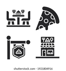 food restaurant icons set = dinner, slice pizza, signboard, restaurant. Perfect for website mobile app, app icons, presentation, illustration and any other projects.