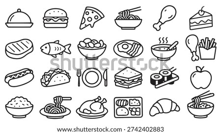 Food and restaurant icons set, flat outline vector, black line