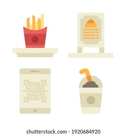 food restaurant icons set = french fries, food menu, cr code, smoothie. Perfect for website mobile app, app icons, presentation, illustration and any other projects.