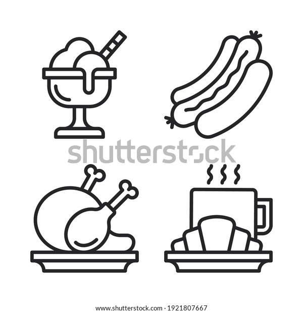 food restaurant\
icons set = ice cream, hot dog, fried chicken, croissant. Perfect\
for website mobile app, app icons, presentation, illustration and\
any other projects.