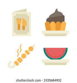 food restaurant icons set = menu, dessert cake, skewer grill, watermelon. Perfect for website mobile app, app icons, presentation, illustration and any other projects.