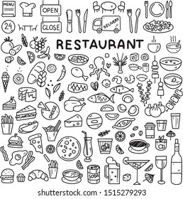Food and restaurant icons set. Vector on white background. Flat design, outline style.