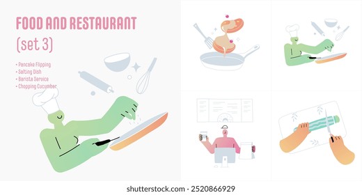 Conjunto de ilustración de comida y restaurante con volteado de panqueques, platos de salazón, servicio de barista y picar pepinos. Destaca la cocina y la preparación de alimentos. Ilustración vectorial plana.