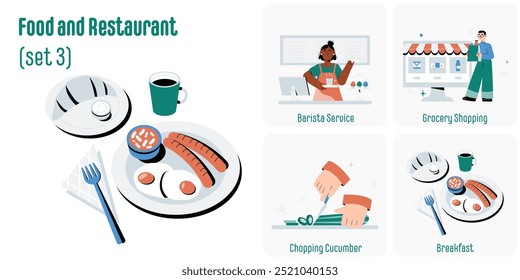 Ilustrações de comida e restaurante são sobre café da manhã, compras de supermercado, barista e pepinos picantes. Ilustrações isoladas de vetor plano da experiência de jantar matinal e preparação de comida