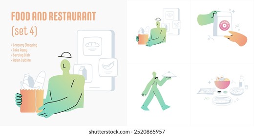 Food and restaurant illustrations showcasing grocery shopping, take away food service, serving dish, and Asian cuisine. Includes digital menu, food delivery, and restaurant dining concepts.