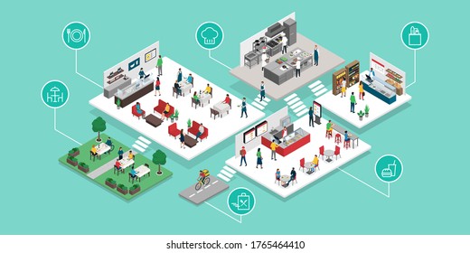 Food and restaurant industry and retail places isometric infographic: restaurant, fast food, professional kitchen, food shop and food delivery