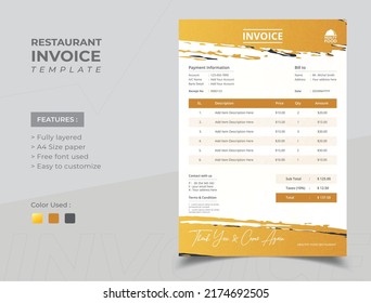 Plantilla de la factura del restaurante de comida con color de gradiente de moda. Contabilidad de facturas de negocio de restaurantes de formularios de facturación