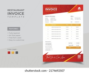 Food restaurant invoice template with trendy gradient color. Bill form restaurant business invoice accounting