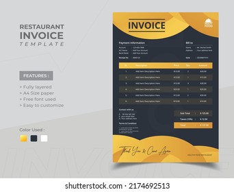 Plantilla de la factura del restaurante de comida con color de gradiente de moda. Contabilidad de facturas de negocio de restaurantes de formularios de facturación