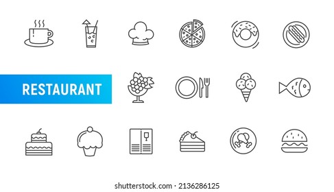 Food restaurant line icon menu vector cook lunch drink pizza burger. Chicken plate flat dish wine