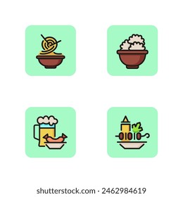 Food in restaurant line icon set. Pasta, dumplings, hot kebab with sauce and German sausage and beer mug. Eating concept. Vector illustration for web design