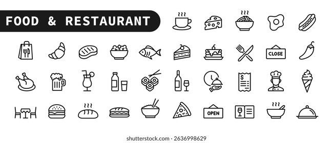 Food and restaurant - line icon set with editable stroke. Outline collection of cuisine symbols. Menu and culinary design icons. Vector illustration.	