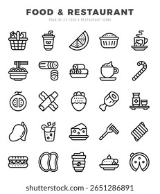 Food and Restaurant Lineal icons collection. 25 icon set. Vector illustration.