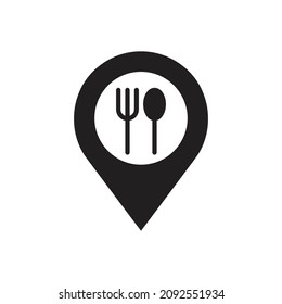 Food and restaurant location icons. Pin point marker symbol with spoon, fork and plate.