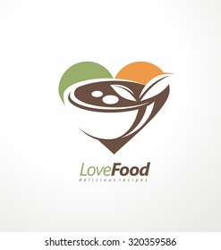 Food and restaurant logo design idea. Heart shape with tasty meal in negative space. Kitchen and cooking creative symbol template.