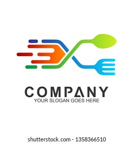 food and restaurant logo design. spoon fork with fast movement shape in mono line style
