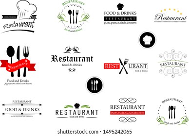 Food And Restaurant Logo Set - Isolated On White Background. Vector Illustration For Cook, Chef, Kitchen, Bar, Hat, Fork And Knife Logo. Restaurant And Food Logo For Bistro, Cook Elements And Labels