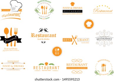 Food And Restaurant Logo Set - Isolated On White Background. Vector Illustration For Cook, Chef, Kitchen, Bar, Hat, Fork And Knife Logo. Restaurant And Food Logo For Bistro, Cook Elements And Labels