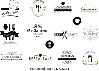 Food And Restaurant Logo Set - Isolated On White Background. Vector Illustration For Cook, Chef, Kitchen, Bar, Hat, Fork And Knife Logo. Restaurant And Food Logo For Bistro, Cook Elements And Labels