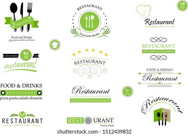 Food And Restaurant Logo Set - Isolated On White Background. Vector Illustration For Cook, Chef, Kitchen, Bar, Hat, Fork And Knife Logo. Restaurant And Food Logo For Bistro, Cook Elements And Labels