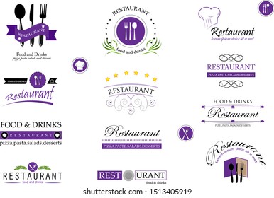 Food And Restaurant Logo Set - Isolated On White Background. Vector Illustration For Cook, Chef, Kitchen, Bar, Hat, Fork And Knife Logo. Restaurant And Food Logo For Bistro, Cook Elements And Labels