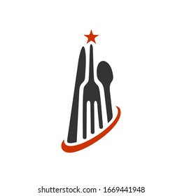 Food Restaurant Logo Star Knife Spoon and Swoosh Symbol