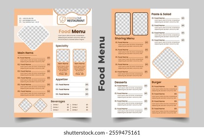 Food And Restaurant Menu A4 Flyer Vector Design. Food And Drink Marketing Material, Ads, Templates, Cover Design. Delivery Flyer Pamphlet brochure