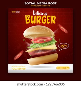 food and restaurant menu banner social media post. editable social media template for promotion. illustration vector with realistic burger