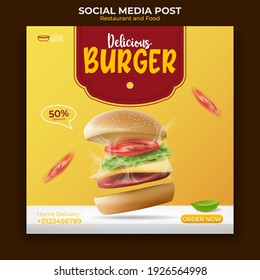 food and restaurant menu banner social media post. editable social media template for promotion. illustration vector with realistic burger