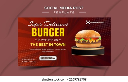 food and restaurant menu banner social media post. editable social media template for promotion. illustration vector with realistic burger