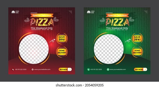 Food restaurant menu and delicious pizza for social media post