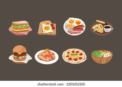 Food restaurant menu illustration elements. Burger, sandwich, pasta, salad, churros, and pizza. Cafe menu.