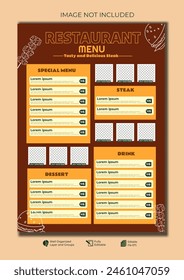 Food restaurant menu layout editable template menu list cafe brown and yellow with orange in  modern template,   luxury and elegant concept of restaurant menu