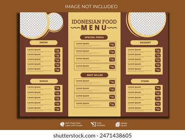 Food restaurant menu layout editable template, menu list cafe brown modern template, list menu layout and food poster restaurant for dinner lunch breakfast menu template, A4 Layout